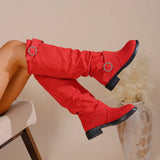 Breakj Large Women's Shoes Folded Women's Boots Belt Buckle But Knee Pile Boots Coarse And Fashion