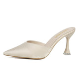Women High Heels Solid Flock Slippers Mules Pointed Toe Fog Black Slides Women Home Slip On Flip Flops Heels 6CM/9CM Half