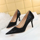 Breakj Retro Stone Grain High Heels Women's Shoes Heel High Heel Shallow Pointed Metal Beads Rivet Women's Singles