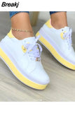 Women's Vulcanized Shoes 2023 Outdoor Casual Wedge Shoes Women's PU Fashion Lace-Up Sneakers Women's Wedge Flats