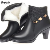 New Fashion Female Short Boots Thick Heel Genuine Leather Metal Decorative Shoes Warm Inside Plush / Wool Snow