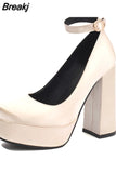 Pumps Round Toe Chunky Block Heel Ankle Strap With Heart 2023 Spring Brand New High Heels Mary Janes Women