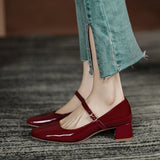 Autumn Women Buckle Mary Janes Shoes Patent Leather Dress Shoes High Heels Pumps Retro Ladies Shoe Black
