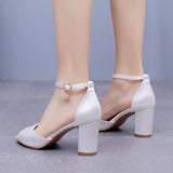 Breakj Cm Fish Mouth High-Heeled Sandals Shallow Mouth Buckle With Large-Size Round-Head High Heel Bridal Wedding Silk Satin Cloth Coarse