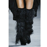 Women's High Boots Suede Cross-tied Pointed Toe Party High Heel Shoes Sexy Ostrich Feather Women's Over The Knee