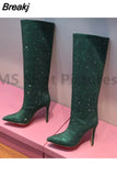 Women High Heels Shoes Crystal Rhinestone Pointed Toe Demonia Boots Stiletto Women's Knee High Boots Sexy Slip-On Botas De