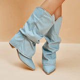 Pleated Cowgirl Boots for Women 2023 Pointed Toe Denim Mid Calf Boots Woman Fashion Thick Heels Western Botas Plus