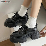 Spring Fashion Thick Soled Oxford Shoes Women's Slip-on Lace Up Loafers shoes Women Casual Versatile Black Leather