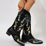 Pointed Toe Cowboy Boots Women Mid Calf Thick Heels Cowgirl Boots Woman Slip On Pu Leather Western Botas Plus Size