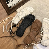 Shoes Women Sandals Narrow Band Vintage Square Toe Flat Cross Strap Thong Sandals V Shape Design Shoes