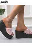 Wedge High Heeled Women Sandals New Arrived 2023 Bling Sequin Lady Slipper Peep Toe Comfort Walk Causal Sandals Plus