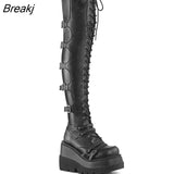 Women Boots Design Female Platform Thigh High Boots Fashion Buckle Punk High Heels Boots Women Cosplay Wedges Shoes