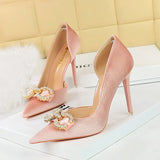 Breakj 79 Banquet Women's Shoes High Heel Suede Shallow Tip Side Hollow Water Diamond Buckle Pearl Bow Single