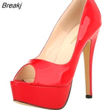 New Women Pumps Sexy Platform Peep Toe 14cm Extremely High Heels Stiletto Patent Leather Party Nighclub Red Wedding