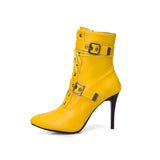 Winter 2023 Mid-Calf Boots Women Pointed Toe Super High and Thin Heel Shoes Buckle Cross-Tied Decorate Size 3~19