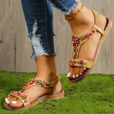 Beaded Flowers Flat Heeled Sandals Women Summer 2023 Plus Size Open Toe Bohemian Sandals Woman Elastic Strap Rome