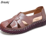 Genuine Leather Women Flats Hollow Woman Shoes Summer Women's Loafers Breathable Beach Female Sandals Big Size