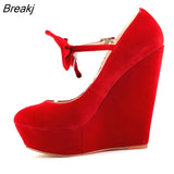 Flock Wedges Women Pumps High Heels Platform Ladies Bow Pump Fashion Round Toe Mary Janes Party Wedding