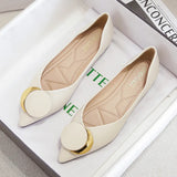 Shoes Women Pointed Toe Soft leather Black Beige Lady Fashion Flats Round buckle Flat Sole Large Size 42