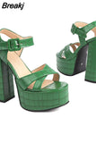 High Heeled Women's Sandals New Fashion 2023 Summer Ankle Buckle Flock Sandals European Style Sexy Party Banquet