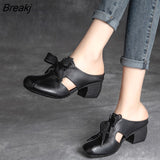 Baotou Sandals Slippers Women's Leather Outer Wear Thick Heels 2023 Summer Mid-heel Ladies Sandals Fashion Half