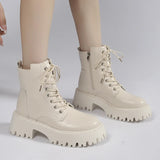 Women's Autumn Black PU Leather Ankle Boots Chunky Platform Combat Boots for Women 2023 Fashion Non Slip Motorcycle Shoes