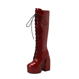 Knee High Boots Women 14.5cm Thick Heels Glossy Patent Leather Punk Lace-up Comfy Zip Platform Shoes Large Size