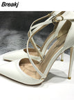 Women Patent PU Cross Strap Stiletto Pumps Pointed Toe 10cm High Heels for Elegant Ladies Chic Dress Shoes QP101