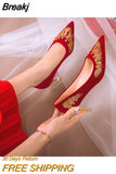 Wedding Shoes Women's Winter 2023 New Embroidered Bride's Shoes Red High Heels Suede Stiletto Shoes Clothing