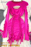 Sexy Women 2 Piece Set New Spring Summer Fashion Streetwear Hollow Out Long Sleeve Crop Top + Mini Bodycon Dress