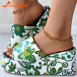 High Heeled Women's Slippers 2023 European Style Flower Pattern Comfy Walking Shoes Plus Size Summer Outside Lady