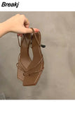 New Genuine Leather Retro Square Toe Pinch Sandals Fashion High Heel Slippers