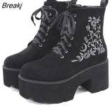 Flower Platform Boots Chunky Punk Suede Leather Womens Gothic Shoes Lace Up Back Zipper High Quality Black Boots