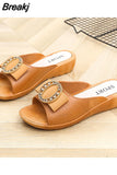 Ladies Sandals Summer Half Slippers Women's Fashion Square Buckle Casual Thick Heel Outer Wear Flat Sandals Slip on