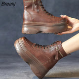 Ankle Boots Platform Women Genuine Cow Leather Short Boots Round Toe Height Increasing Thick Sole Ladies Shoes