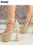 Thin Heels Club Queen Sandals 2023 Summer European Style Sexy Sandals Party Cutout Rhinestone Comfy Platform Lady