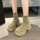 Women Platform Ankle Boots Suede Black Khaki Elastic Thin Boots Chunky High Heel Slip on Gothic Short Botas