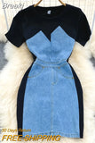 Korean Stylish Patchwork Jeans Dress Women Fashion Summer O-neck Short Sleeve Slim Mini Bodycon Denim Dress
