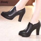 Deep Mouth Block Heels Pumps Women Platform Shoes 2023 Pointed Toe Leather Shoes Woman High Heel Office Shoe Black 42