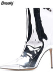 Ankle Boots Pointed Toe High Heels Shoes Nightclub Stiletto Shiny Leather Demonia Boots Metal Gold Women Mid Calf