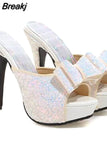 Bling Women Mules Shoes Sandals Summer With Butterfly-knot Sexy Super High Heel Slip-on Women Shoes Big Size