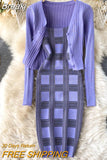 Women knit two piece set plaid print spaghetti strap bodycon mini dress and long sleeve knit cardigan suits womens clothing