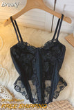 See Through Mesh Bustier Top 2023 Women Fashion Summer Black Camis Floral Embroidery Fishbone Skinny Club Party Crop