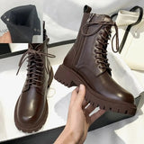Brown Platform Ankle Boots Women Autumn Winter Thick Bottom Motorcycle Boots Woman Thicken Warm Lace Up Shoes