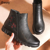 Winter Women's Leather Ankle Boots Lady Soft Flat Shoes Casual Comfortable Side Zip Ankle Boots Mother Warm Snow