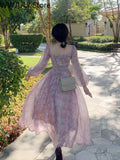 Vintage Long Sleeve Dress Woman Fairy Elegnat Floral Midi Dress Evening Party One Piece Korean 2023 Summer Chiffon