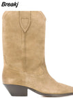 Suede Embroidered Mid-Calf Boots Women Designer Shoes Thick Heel Pointed Toe Cowboy Boots for Women Knight Botas