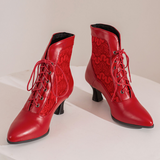 Women Victorian Pointed Toe Ankle Boot Fashion Leather Lace Up Spliced Ladies High Heel Shoe Women Short Boot Plus Size48