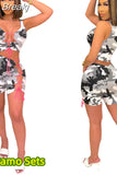 Women Tie Dye Print 2 Pieces Sets Tracksuits Crop Top Side Lace-Up Bandage Shorts Ladies Sexy Tracksuits Hollow