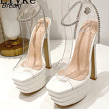 Fashion PVC Transparent Crystal Ankle Strap Women's Shoes Pumps Sexy Pole Dance 16CM Sandals Open Toe Platform High
